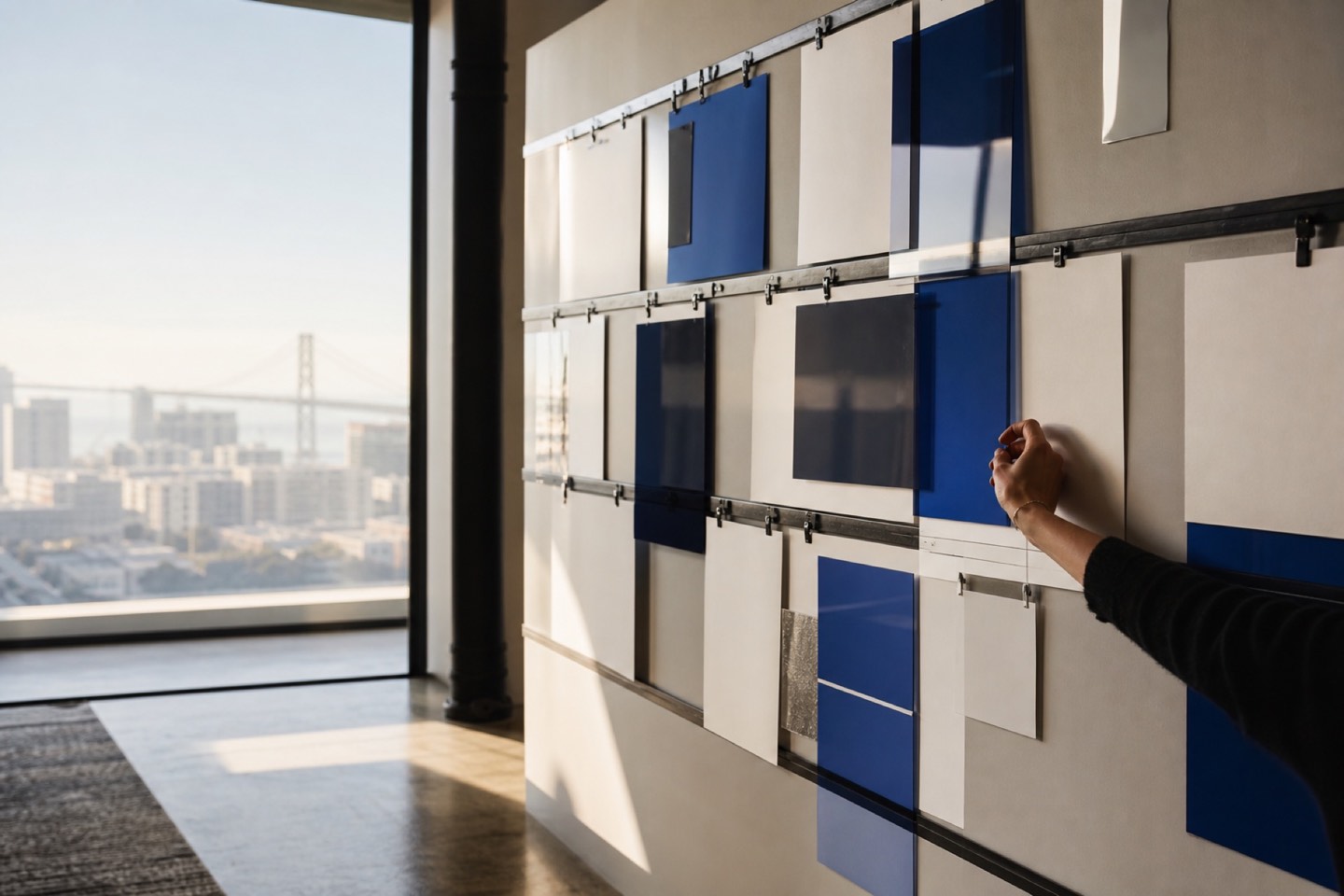 Cobalt and cream campaign materials arranged in a San Francisco studio
