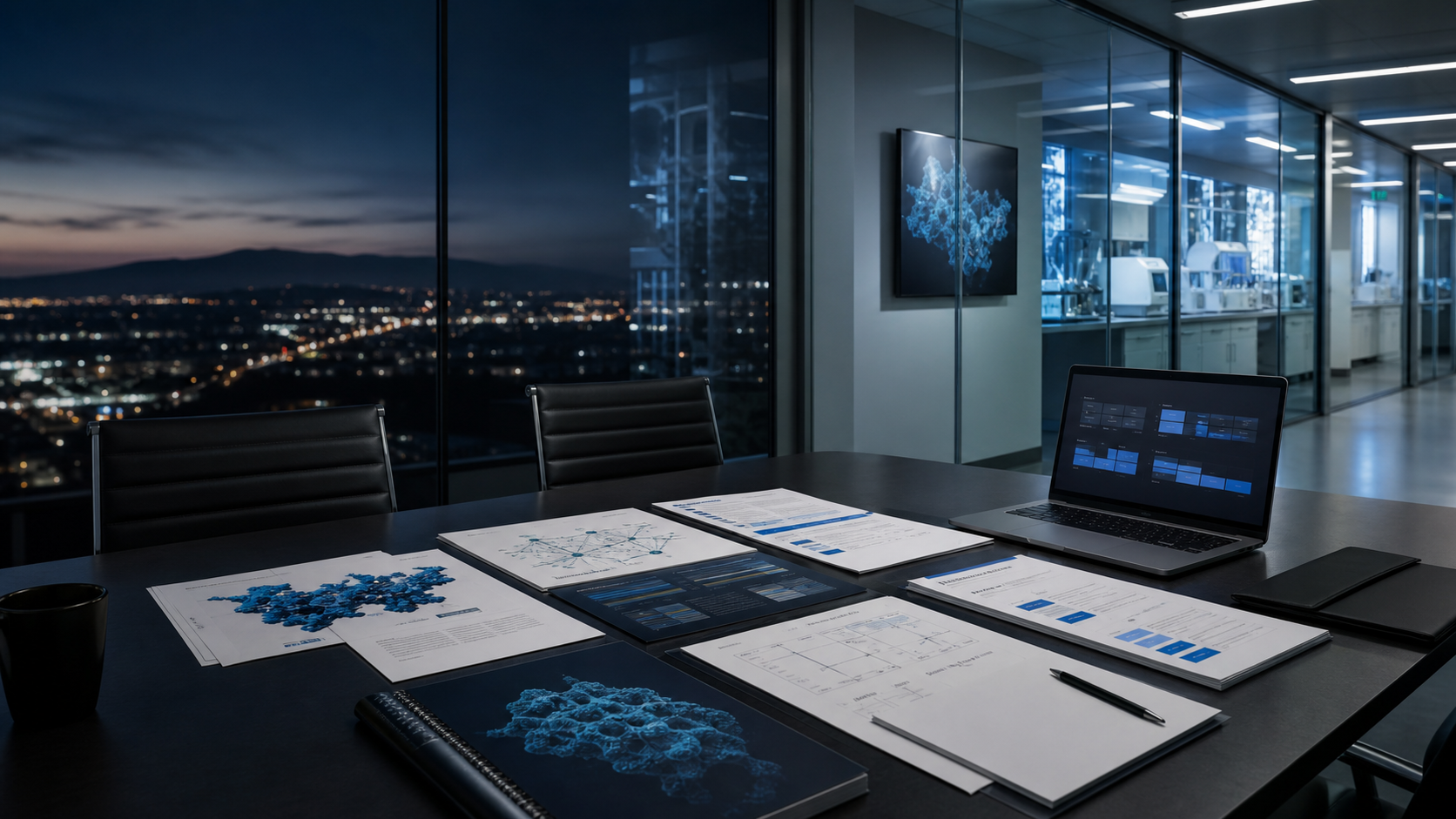 Generated Bay Area biotech boardroom with commercial evidence packets and lab corridor