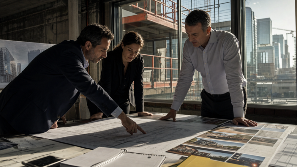 Manufacturing sales leaders reviewing RFQ packets and supplier proof on a strategy table