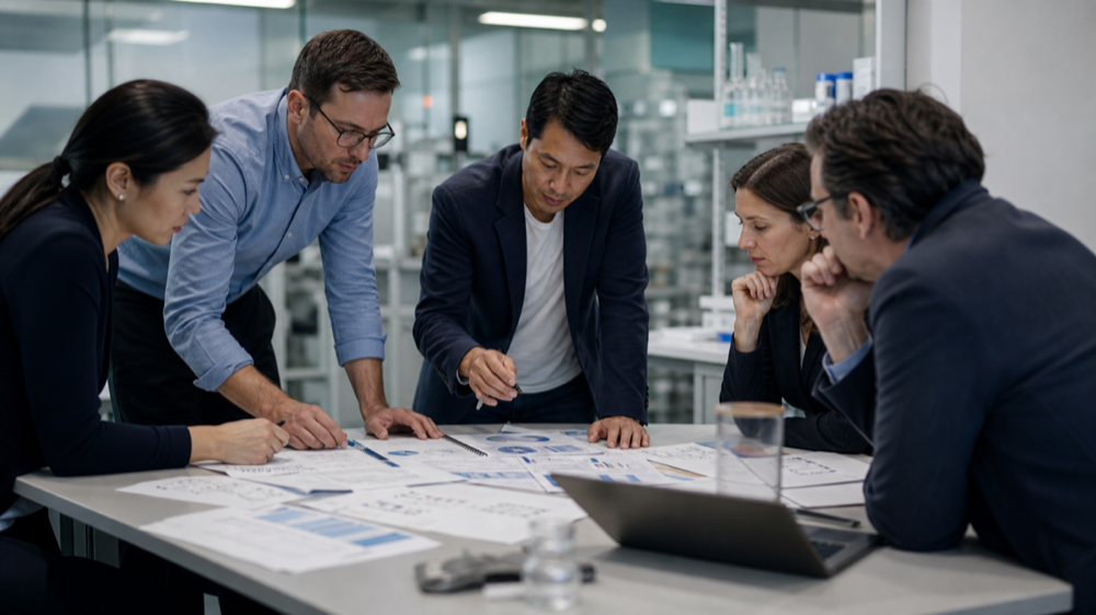 Life sciences leadership team reviewing commercial readiness proof and partner-fit notes