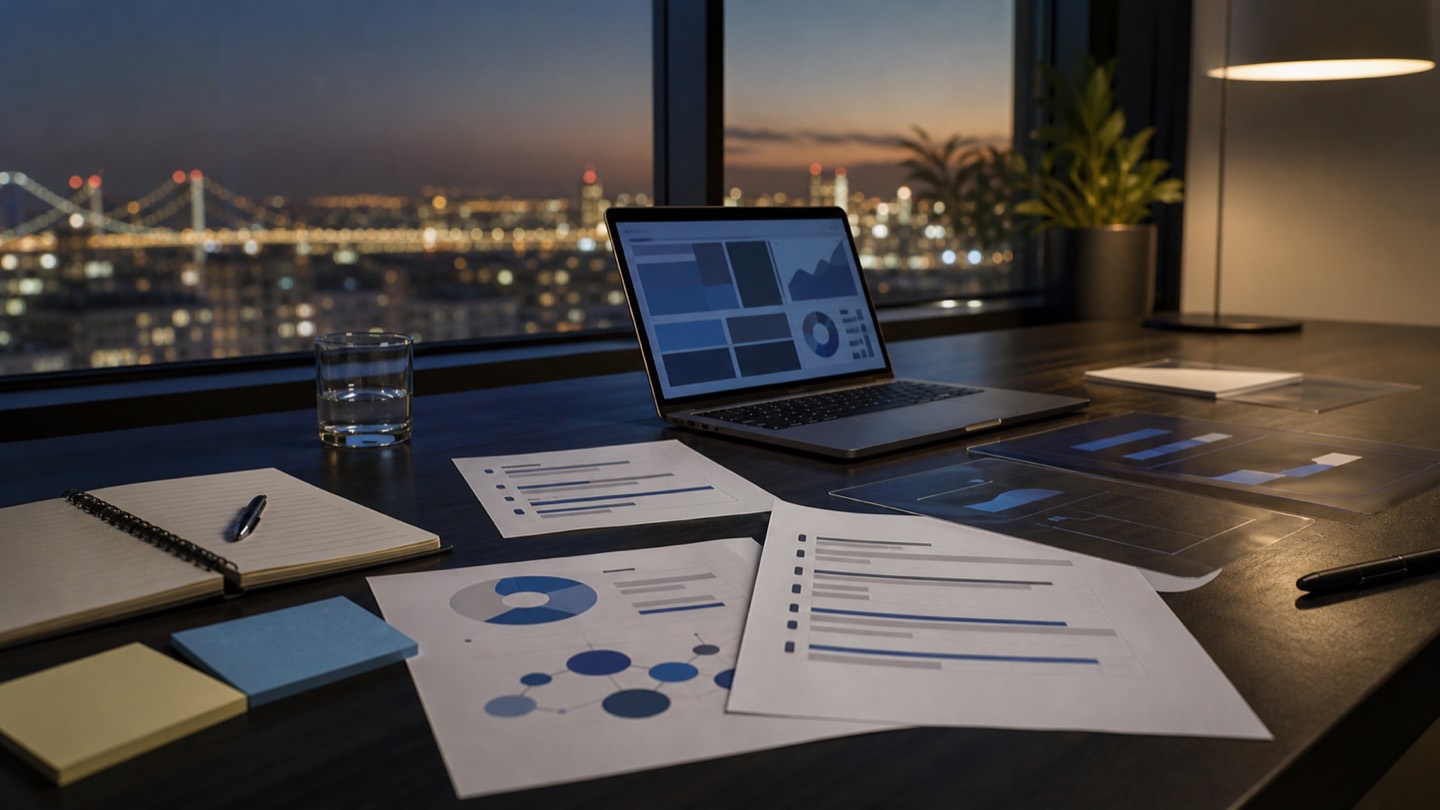 Bay Area office desk with a laptop and abstract marketing analysis sheets, used for an AI visibility audit article