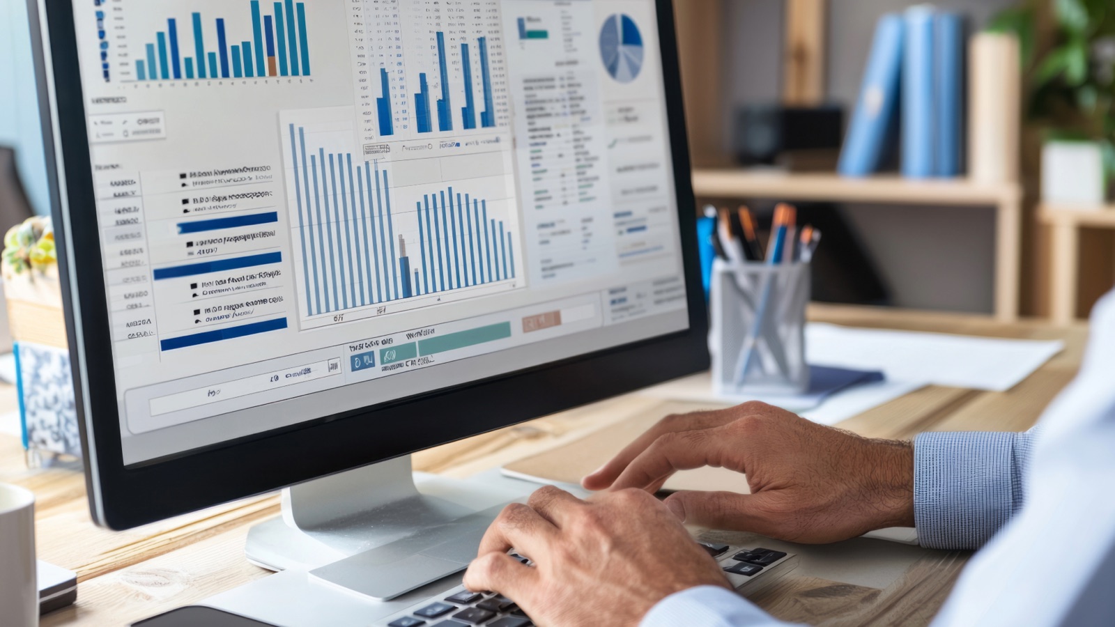 B2B marketer reviewing paid advertising dashboards and performance charts on a desktop monitor during an account audit