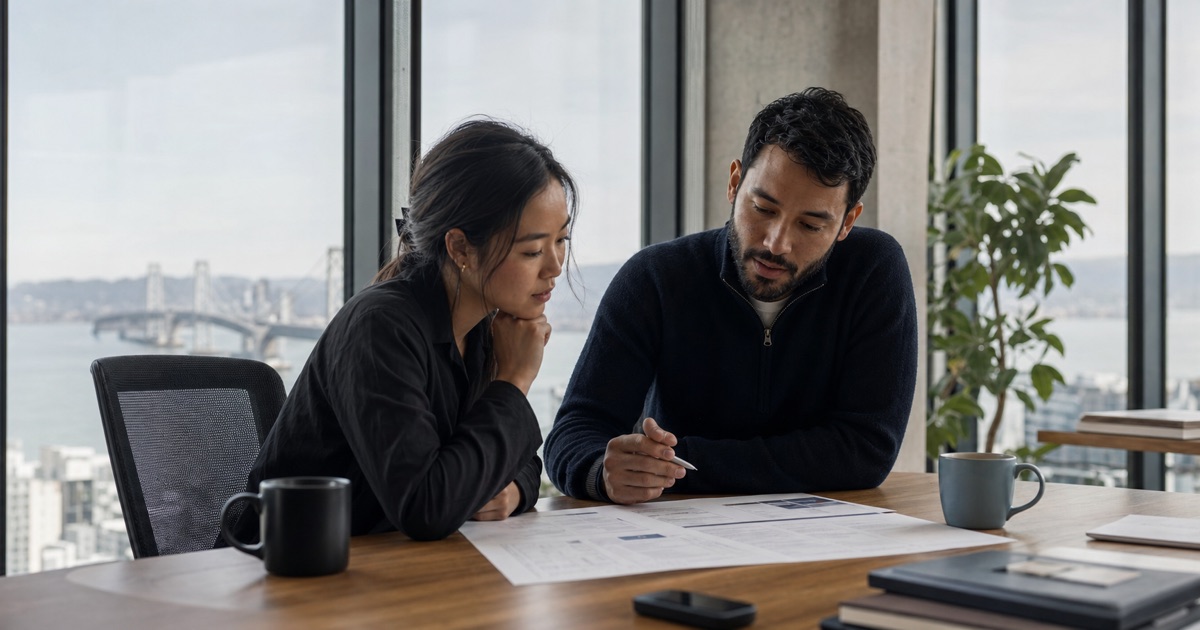 Two startup founders reviewing a marketing staffing plan in a San Francisco office