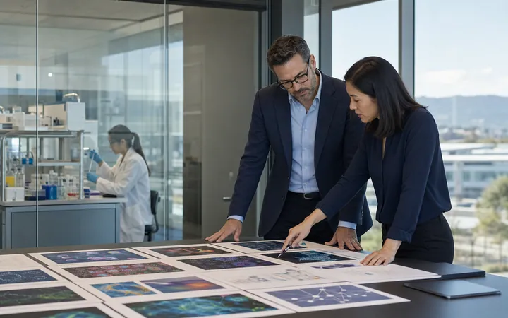 Biotech CEO and commercial lead reviewing scientific evidence beside an active laboratory