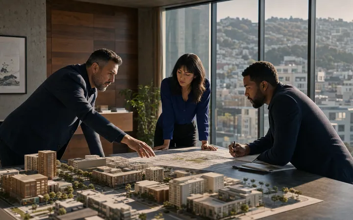 Development principal and project team planning buyer demand around a physical project model