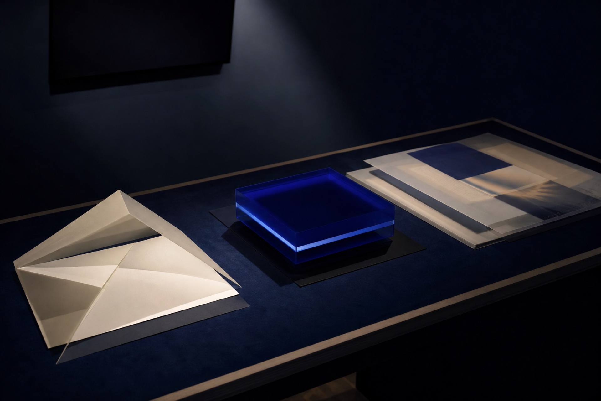Three completed campaign objects displayed on a dark gallery table