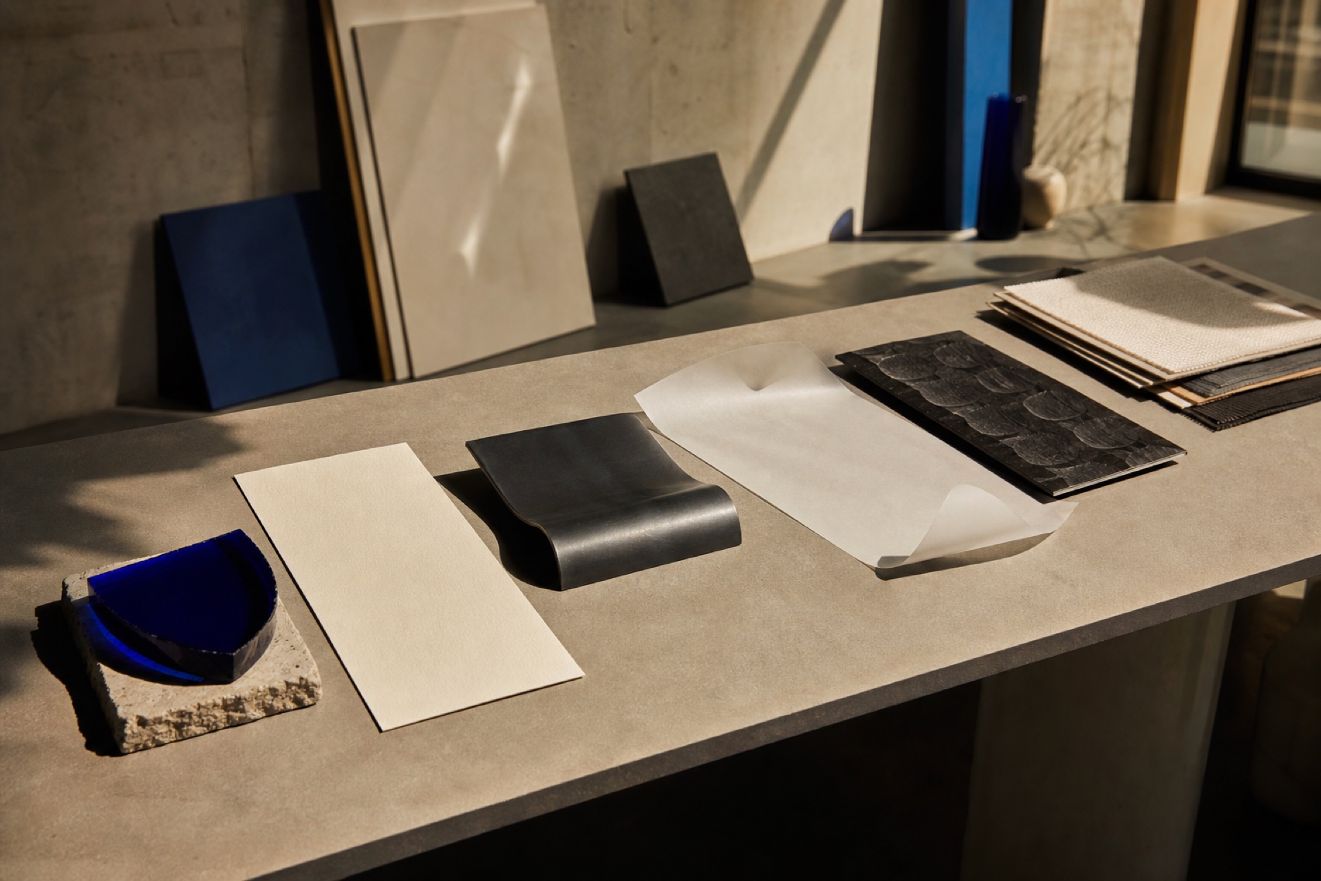 Six distinct material studies arranged on a Bay Area studio workbench