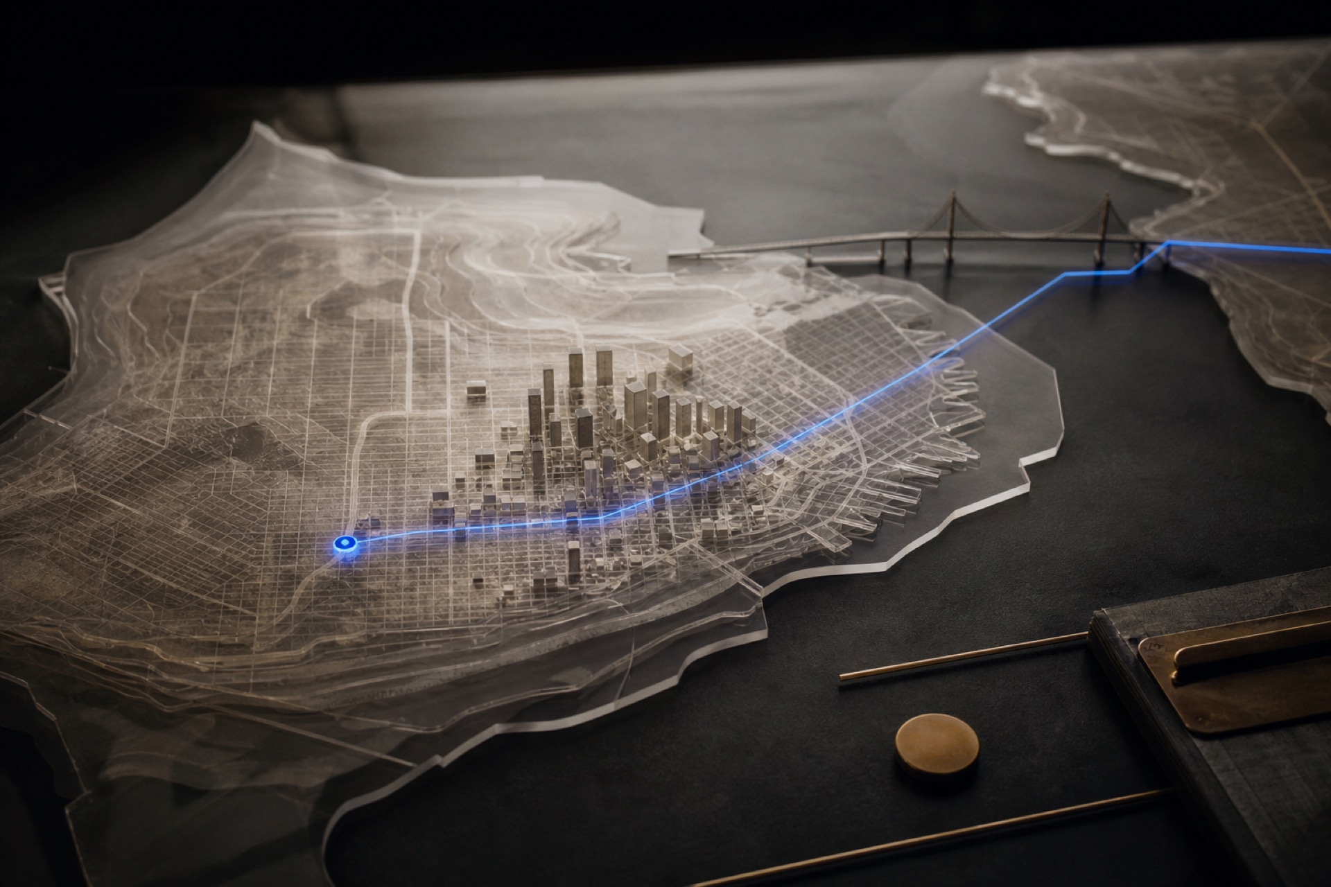 A physical translucent map of San Francisco with a cobalt path across the Bay