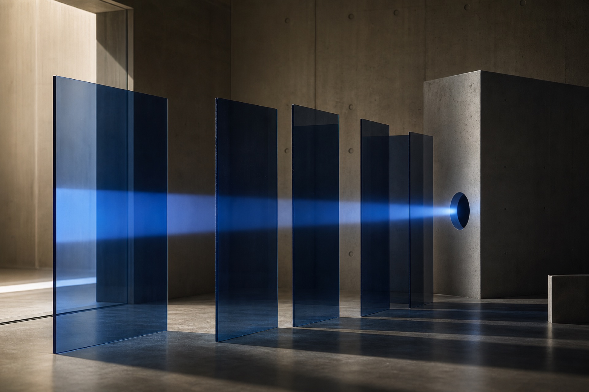 Cobalt glass planes guiding a beam of light into one precise aperture