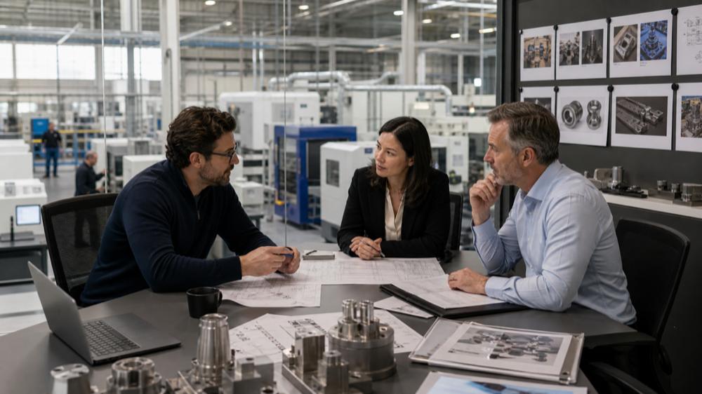 Contract manufacturing marketing strategy meeting with engineering and procurement proof