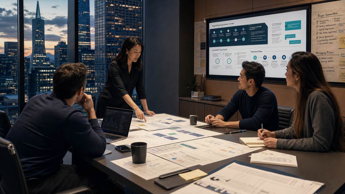 Bay Area fintech team reviewing regulated acquisition, buyer trust, and payment-flow proof