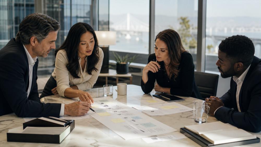 Law firm partners reviewing intake quality and matter-fit proof in a Bay Area office