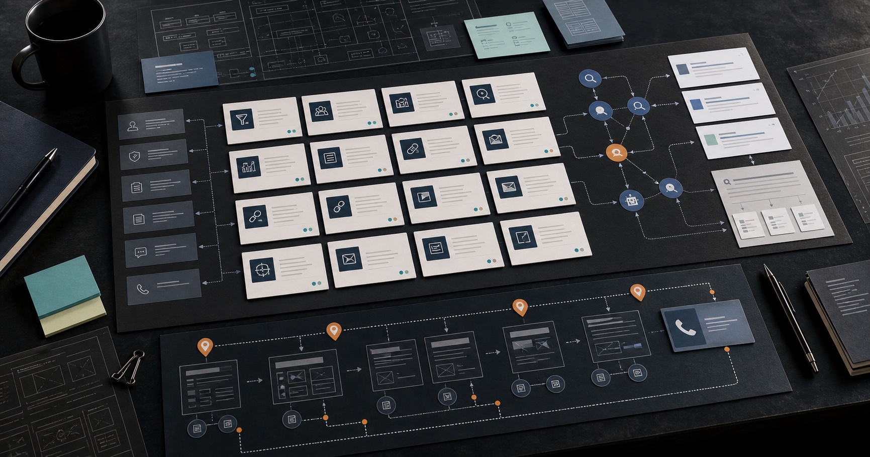 Structured glossary and crawl-path board mapping marketing terms to buyer questions and AI answer surfaces.