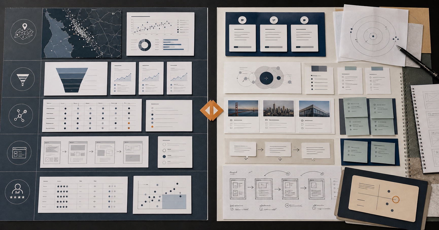Two-column planning board comparing a Marketing Strategy Review with a Positioning Sprint.