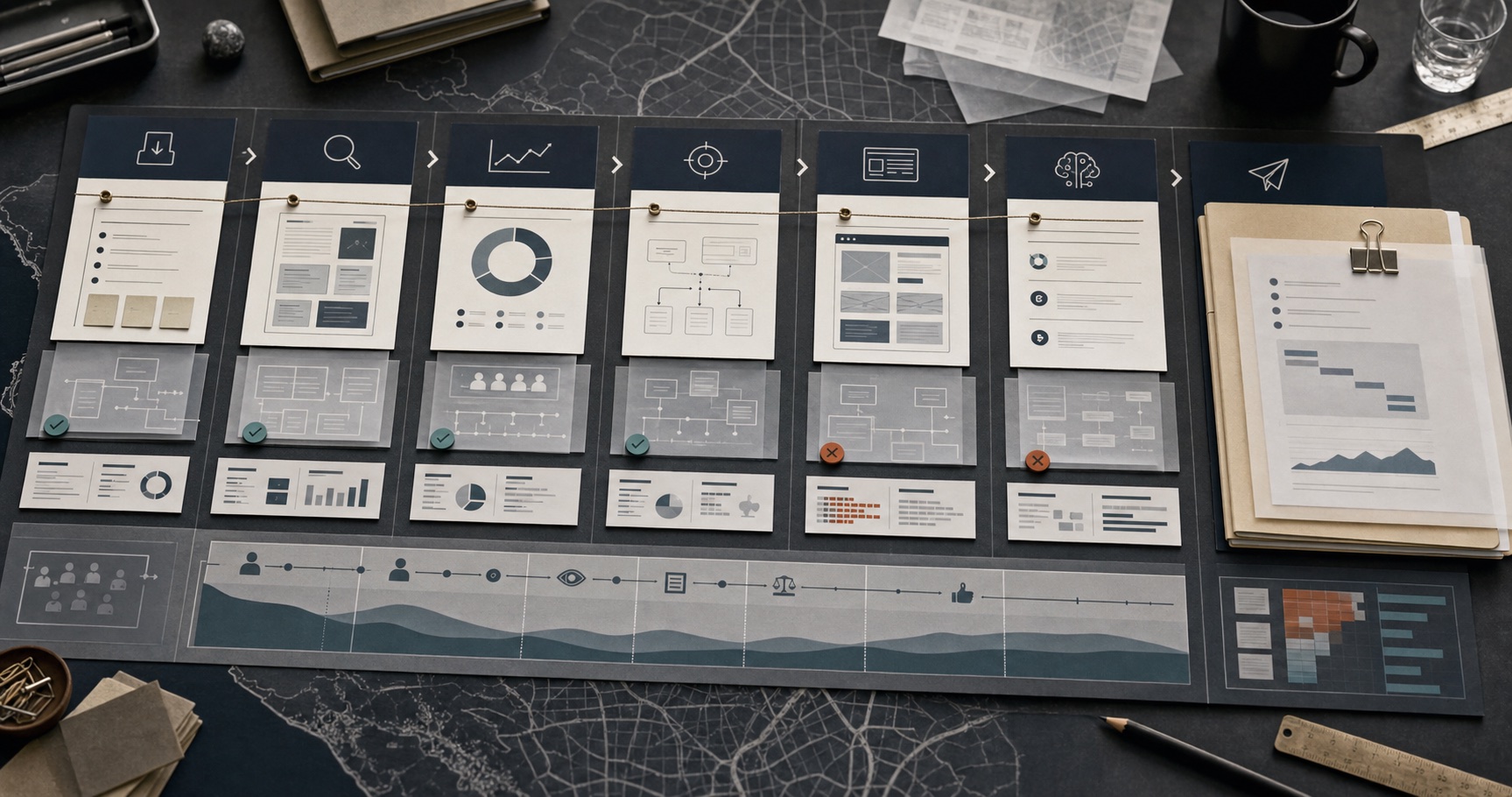 SFMA methodology board showing intake, evidence, market, offer, website, AI visibility, and handoff stages.