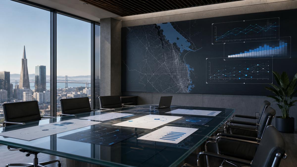Bay Area strategic marketing command room with market maps and performance graphs