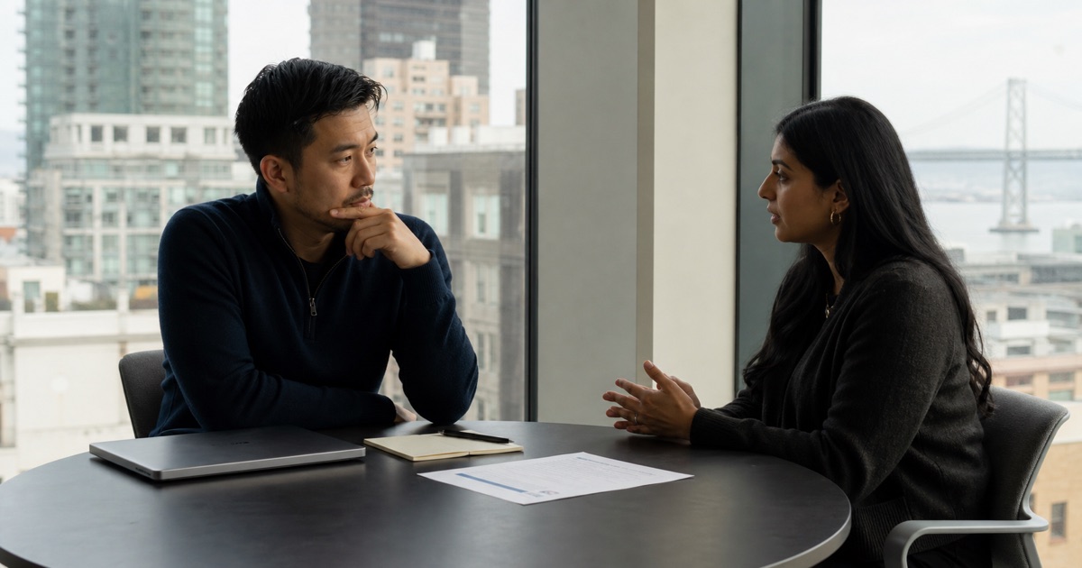 A founder discussing a first marketing hire in a San Francisco office