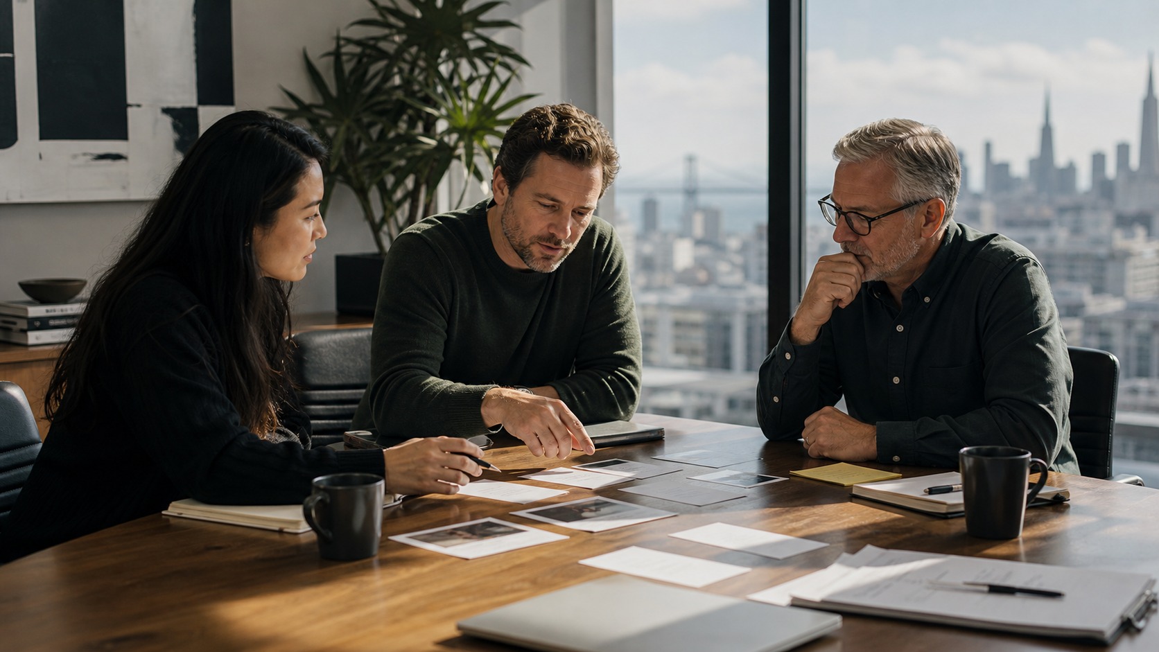 Generated photograph of a Bay Area SaaS founder comparing marketing leadership paths with advisors.