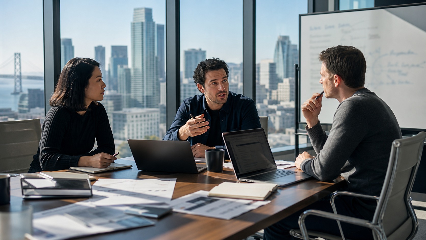 Generated photograph of a SaaS leadership team building growth economics in a boardroom.