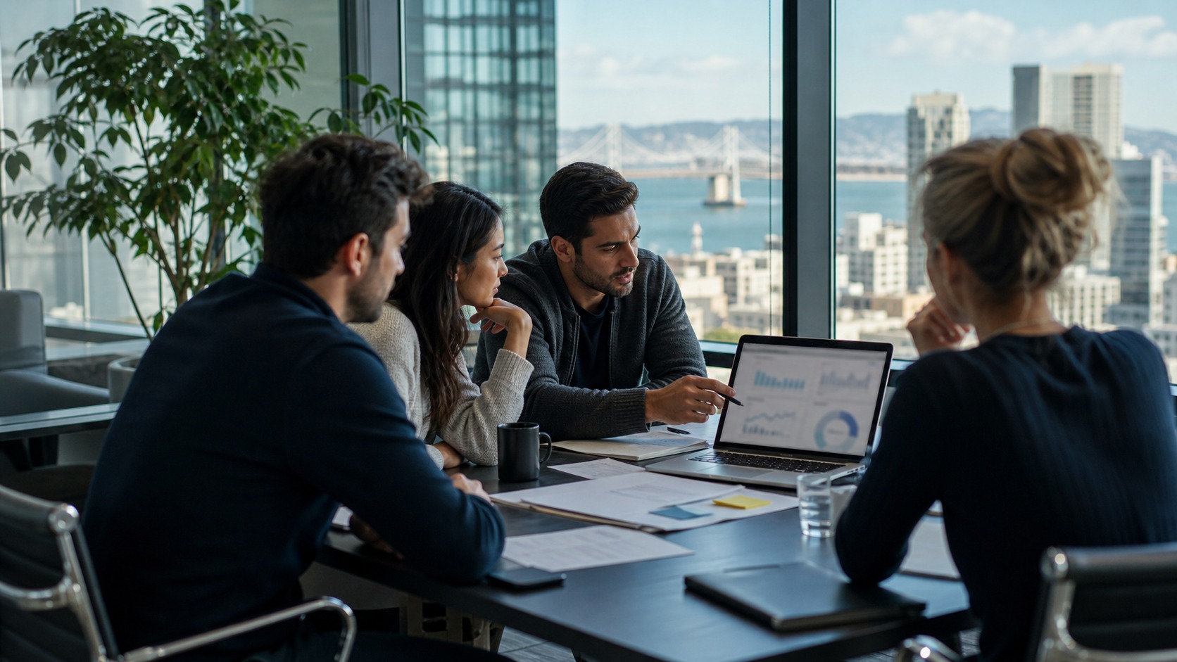 Generated photograph of a Bay Area SaaS leadership team building a growth plan in a conference room.
