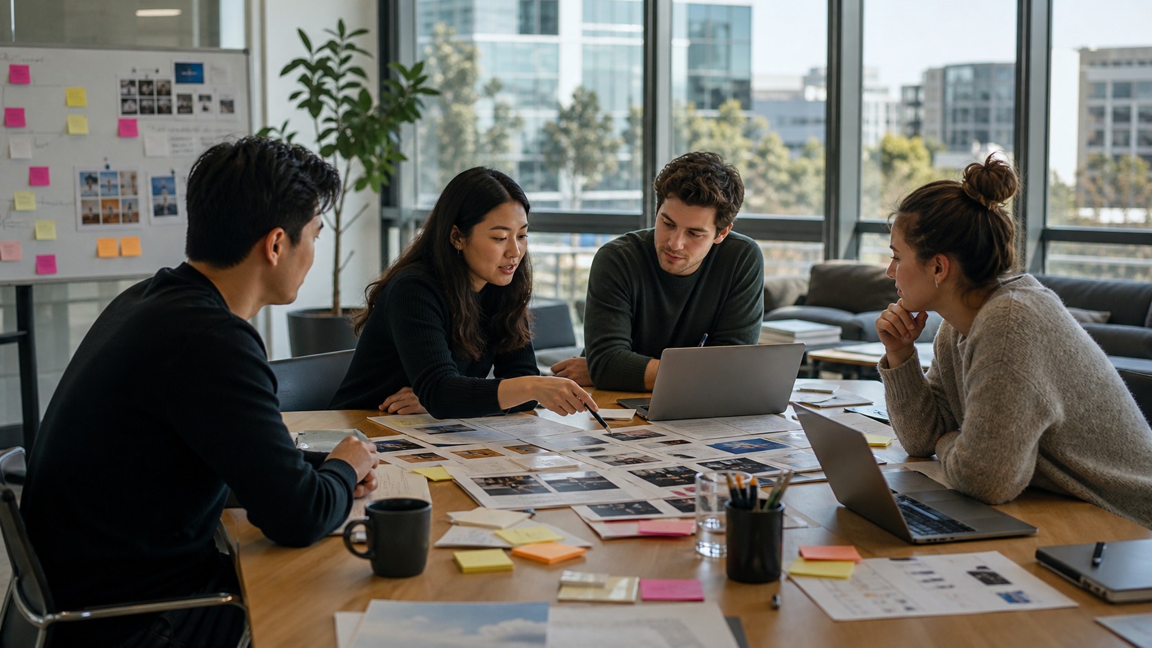 Generated photograph of Series A SaaS founders building a go-to-market plan in a Silicon Valley office.