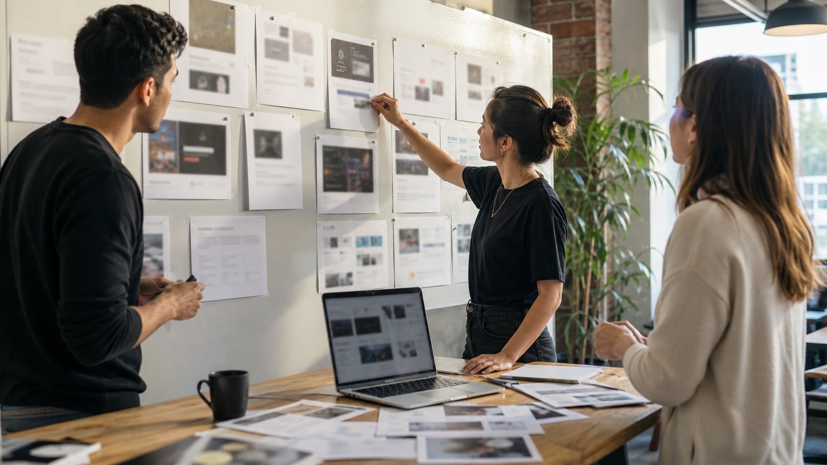 Generated photograph of a startup team creating a buyer-facing market story in a Bay Area workspace.